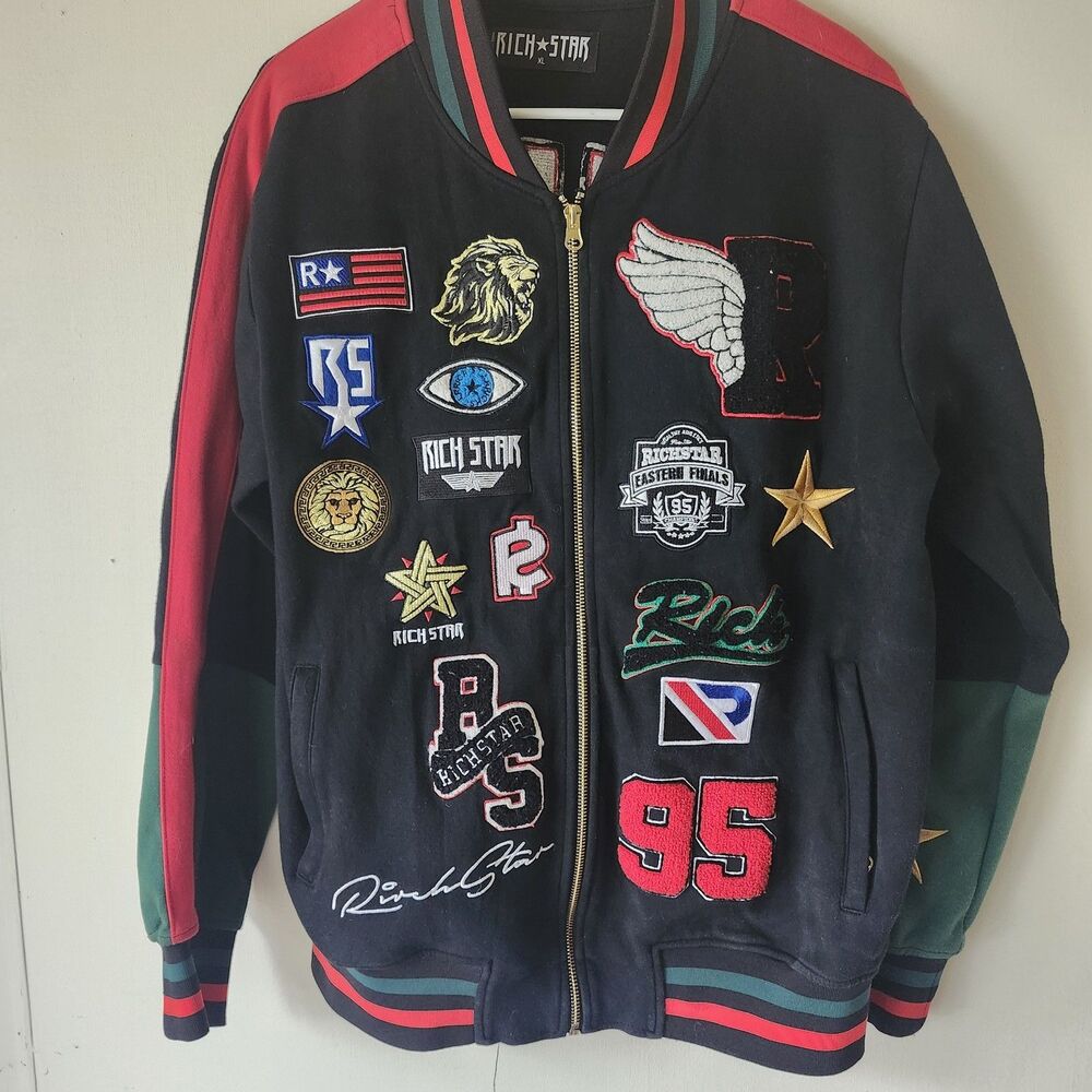 RichStar XL Varsity Bomber Jacket Chenille Patch Red Green Sleeves Zip Up